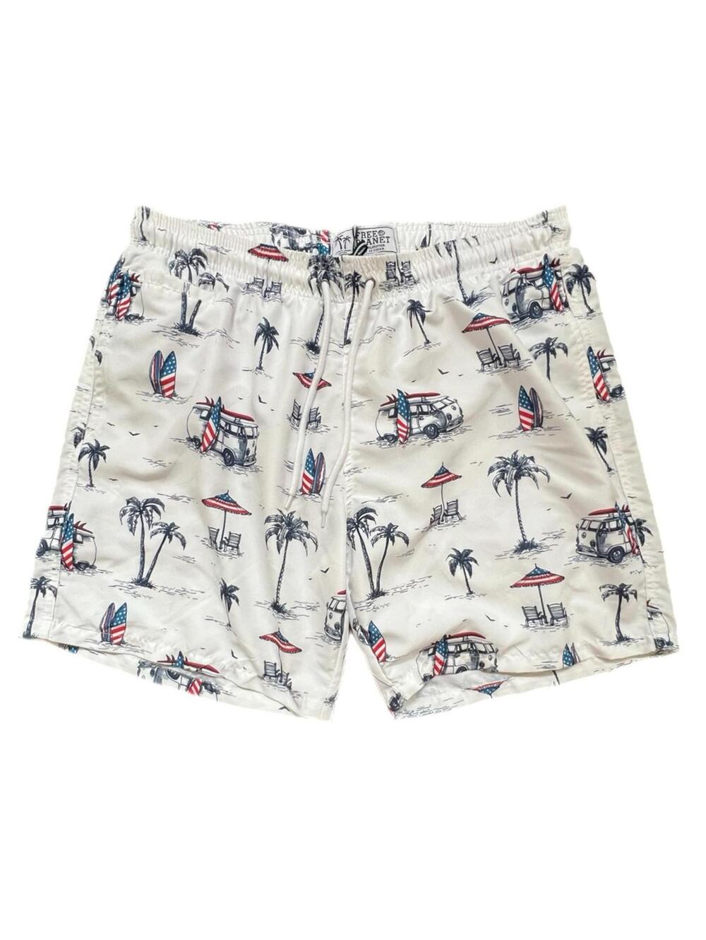 Free Planet White Swim Trunks with Beach Print